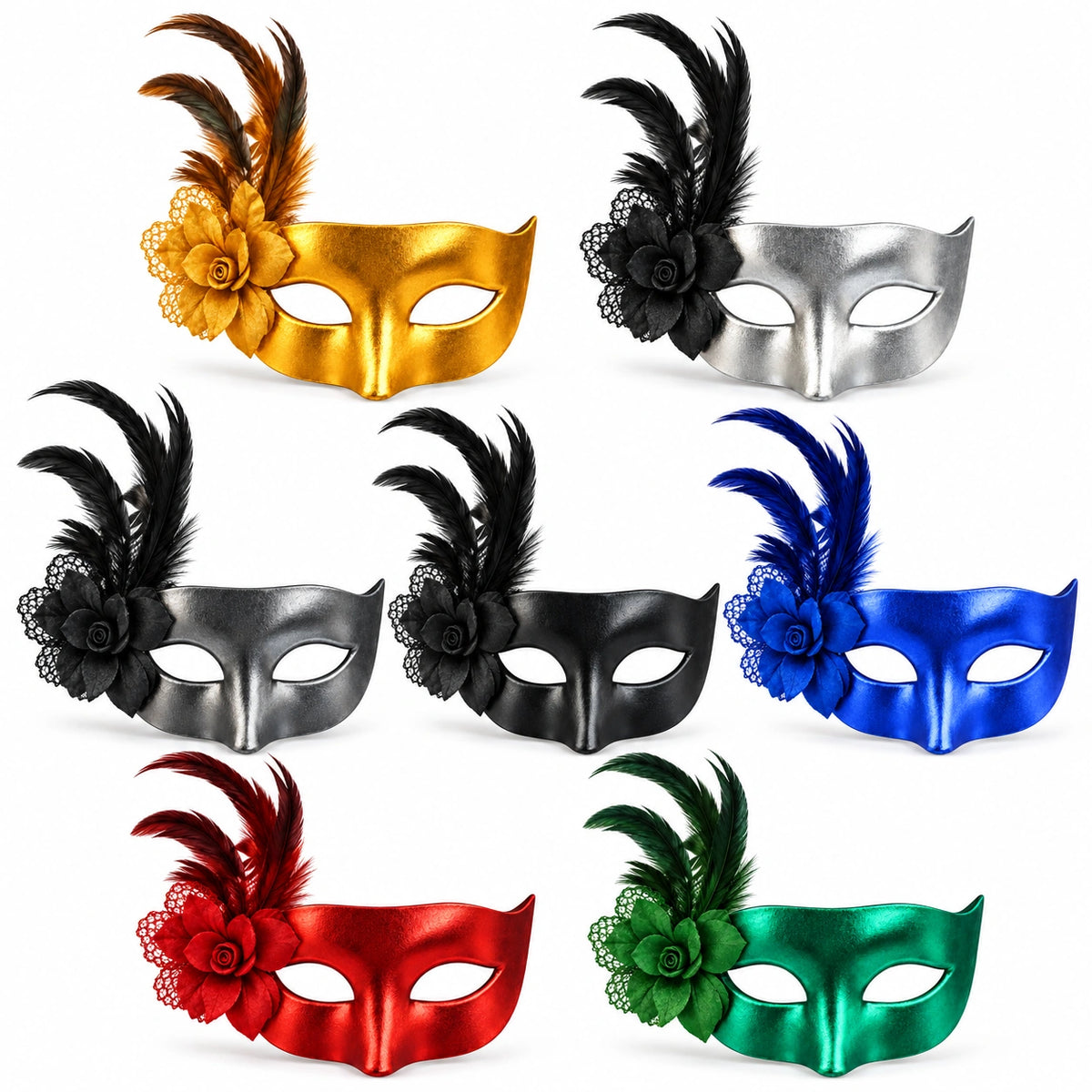 Solid Metallic Flower & Feather Masquerade Mask