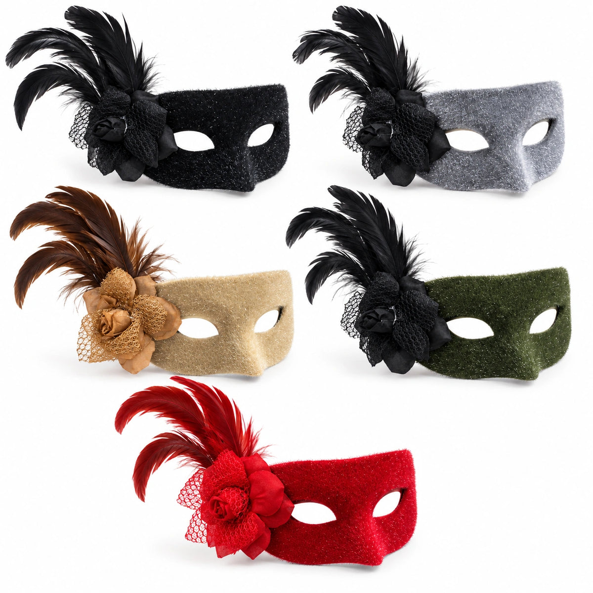 Velour Flower & Feather Masquerade Mask