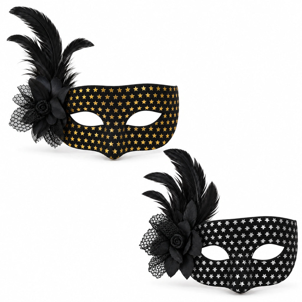 Metallic Star Flower & Feather Masquerade Mask