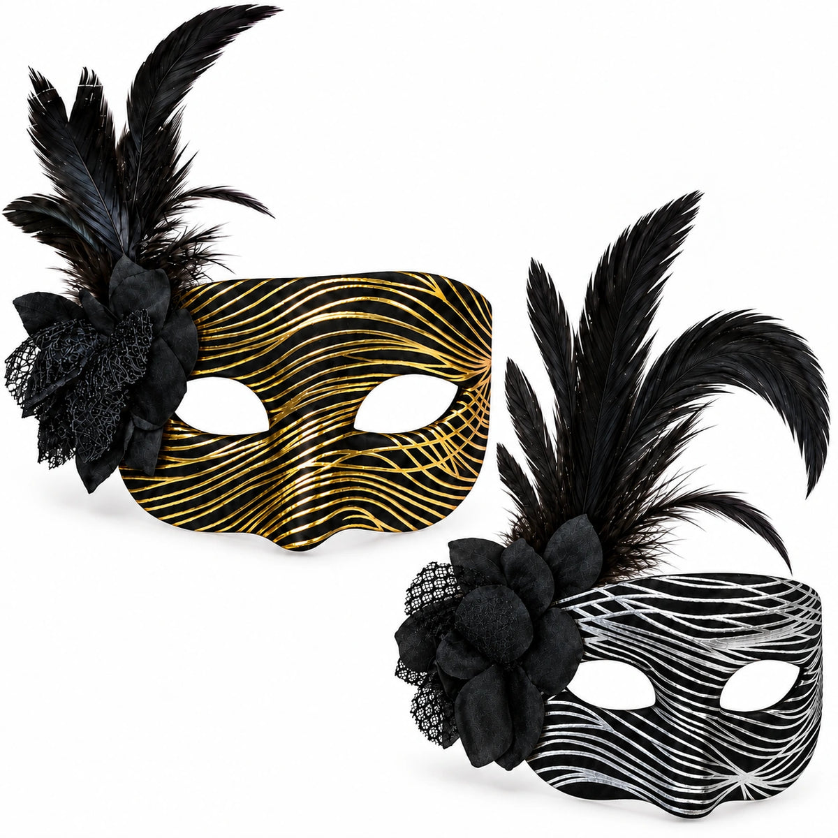 Metallic Wave Flower & Feather Masquerade Mask