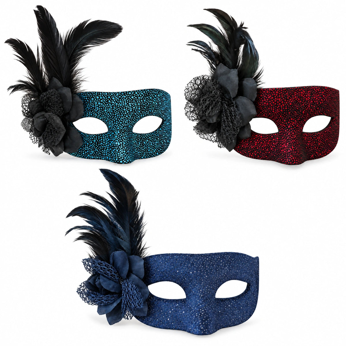 Dotted Sparkle Flower & Feather Masquerade Mask