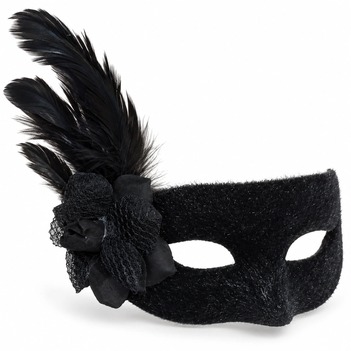 Velour Flower & Feather Masquerade Mask