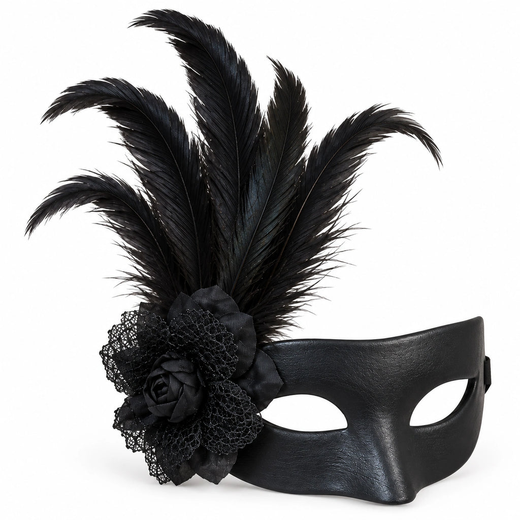 Leather Flower & Feather Masquerade Mask