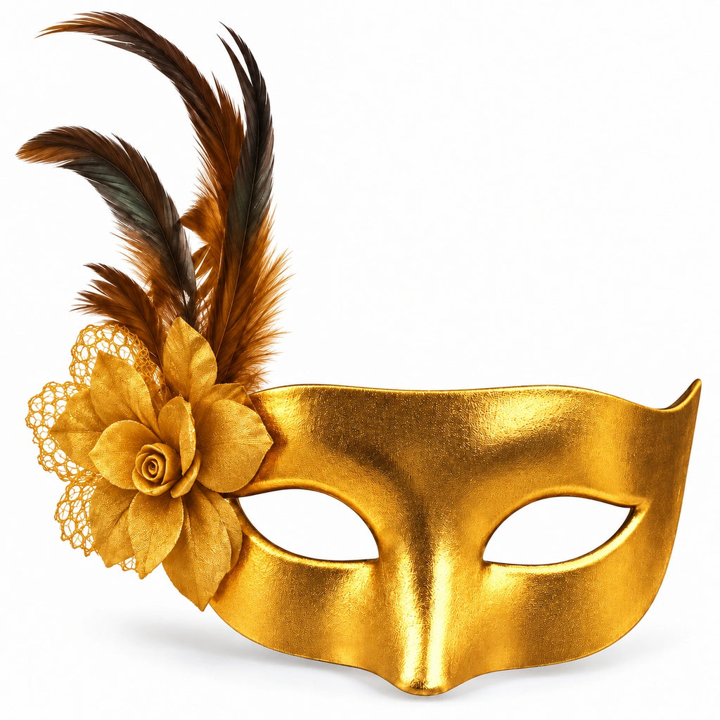 Solid Metallic Flower & Feather Masquerade Mask