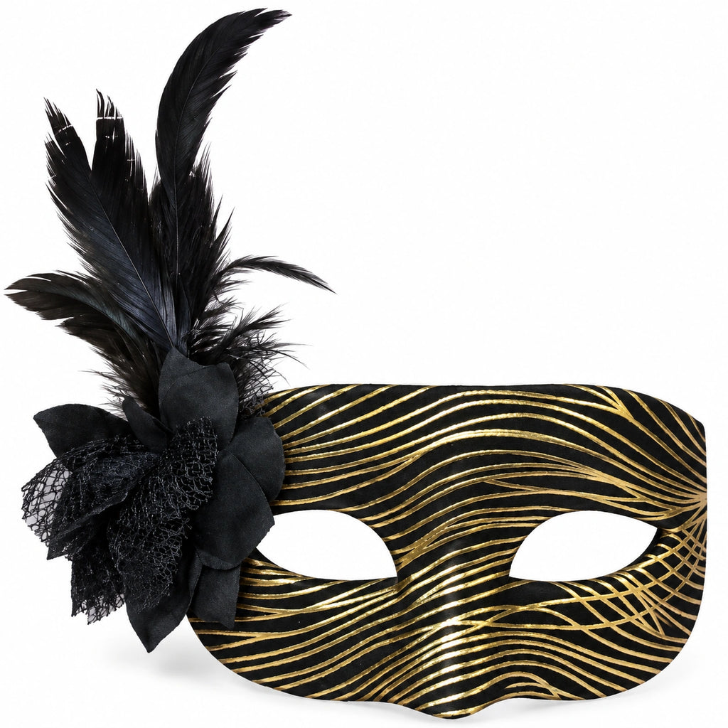 Metallic Wave Flower & Feather Masquerade Mask