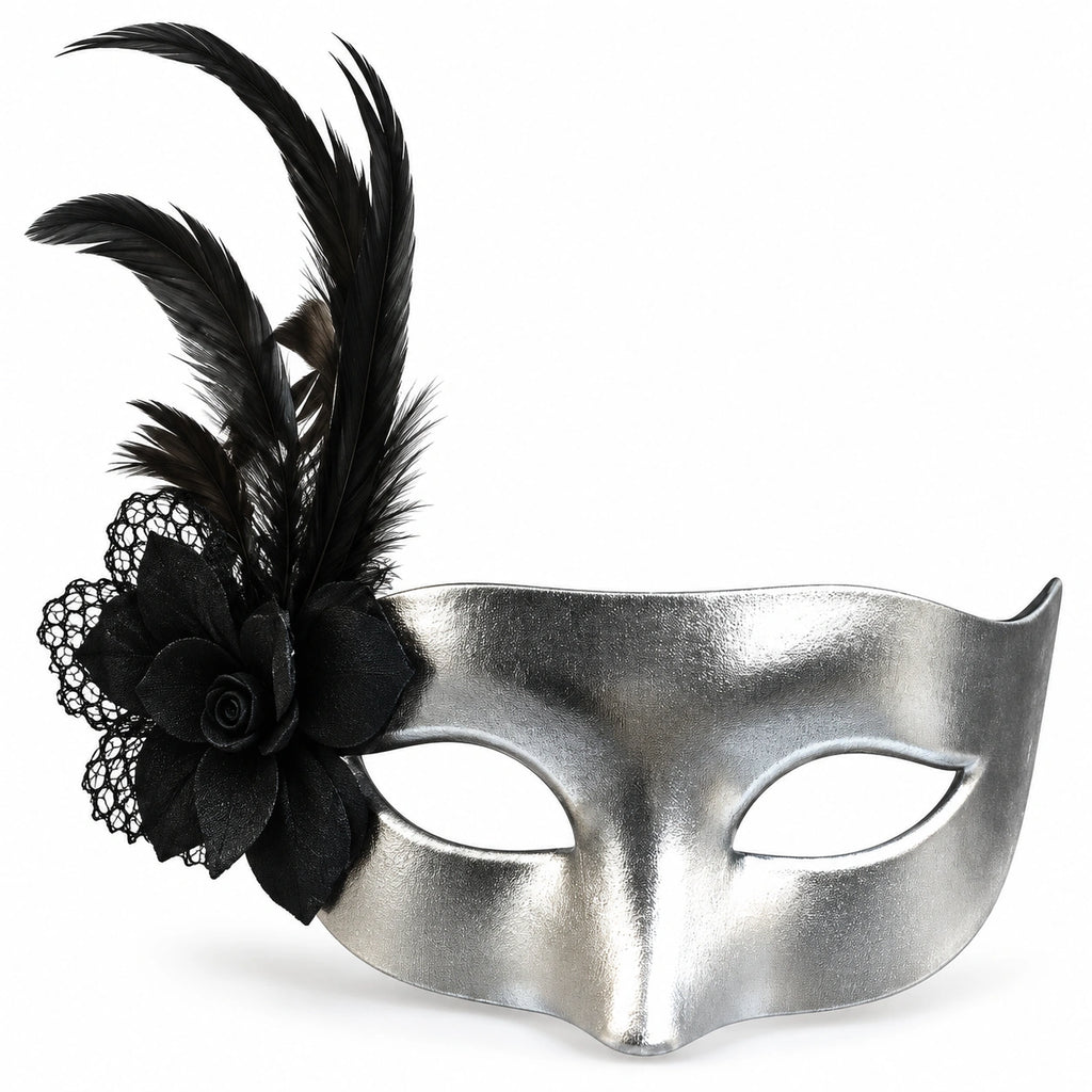 Solid Metallic Flower & Feather Masquerade Mask