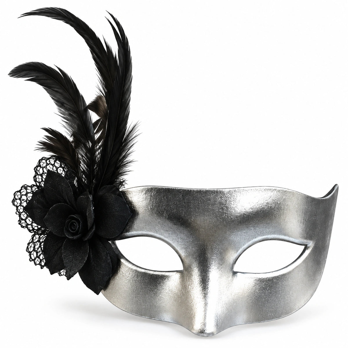 Solid Metallic Flower & Feather Masquerade Mask