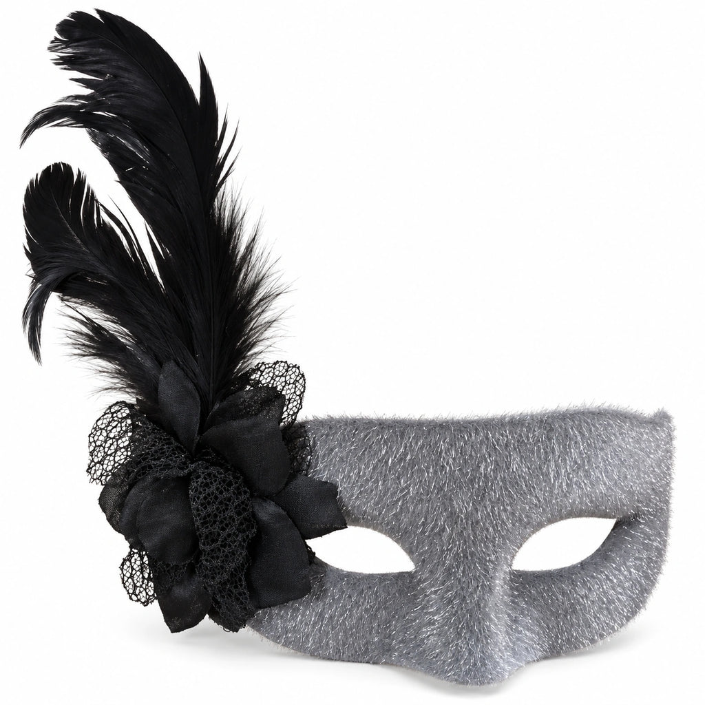 Velour Flower & Feather Masquerade Mask