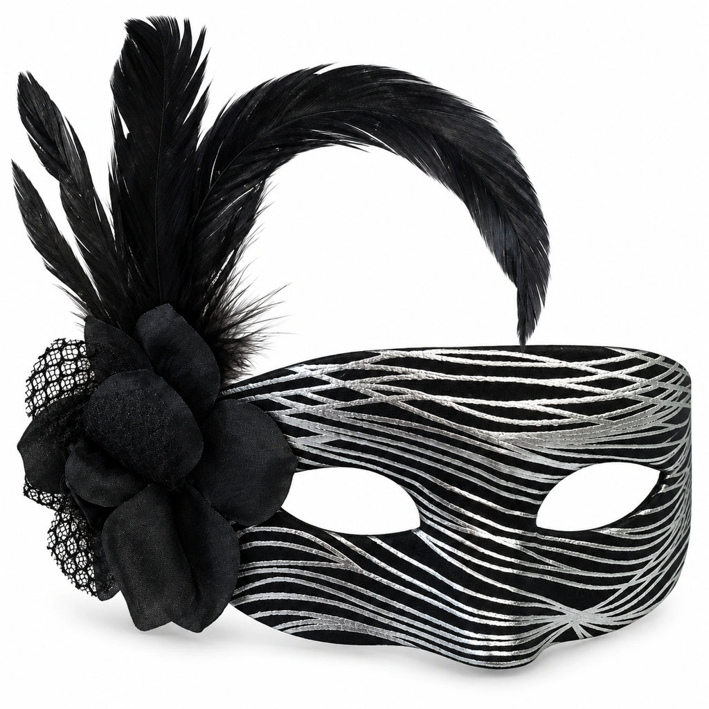 Metallic Wave Flower & Feather Masquerade Mask