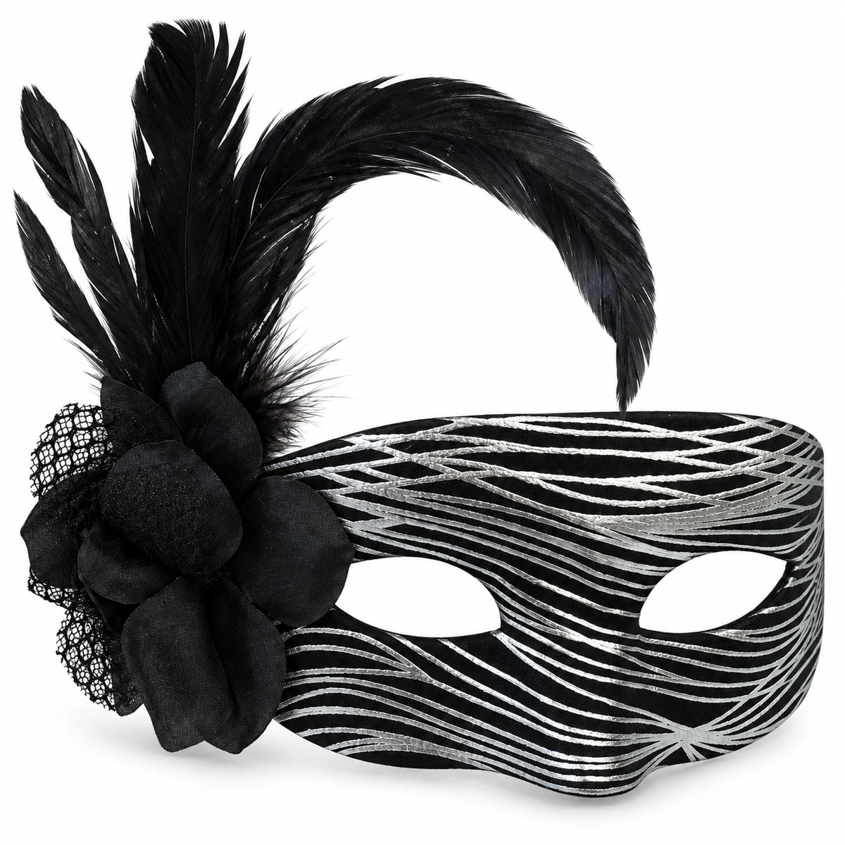 Metallic Wave Flower & Feather Masquerade Mask