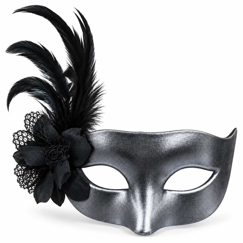 Solid Metallic Flower & Feather Masquerade Mask