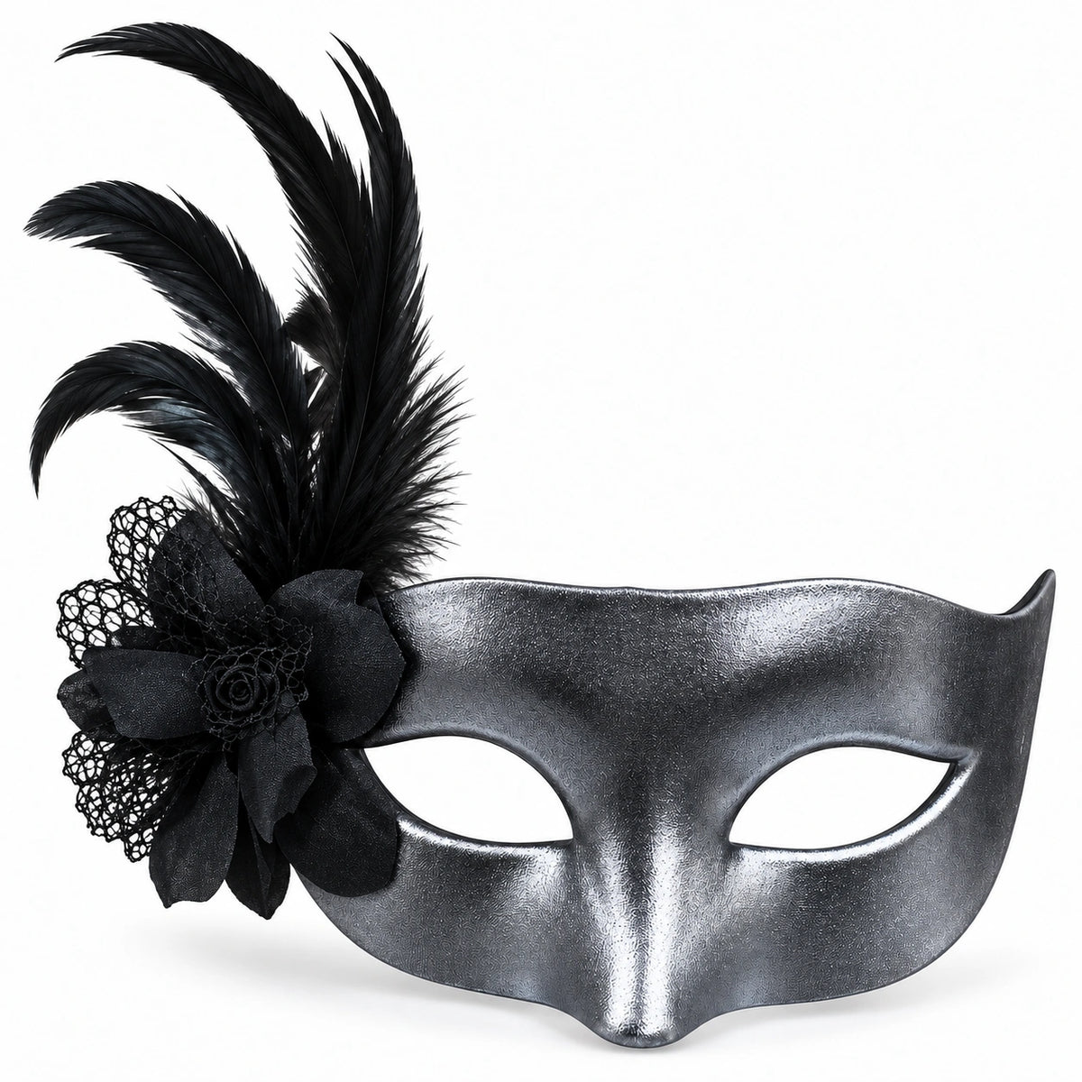 Solid Metallic Flower & Feather Masquerade Mask
