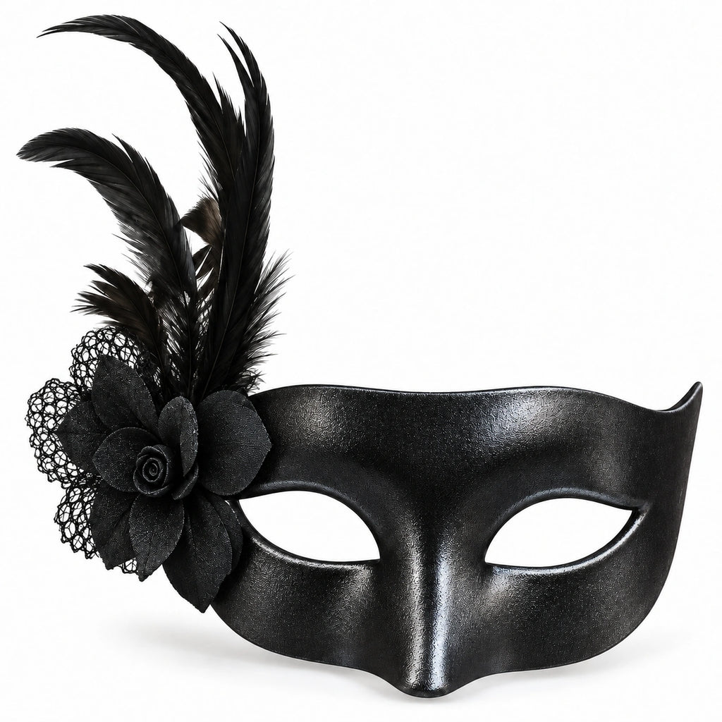 Solid Metallic Flower & Feather Masquerade Mask