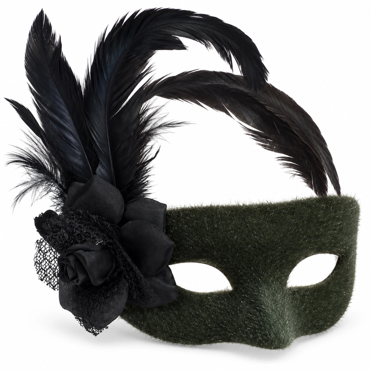 Velour Flower & Feather Masquerade Mask