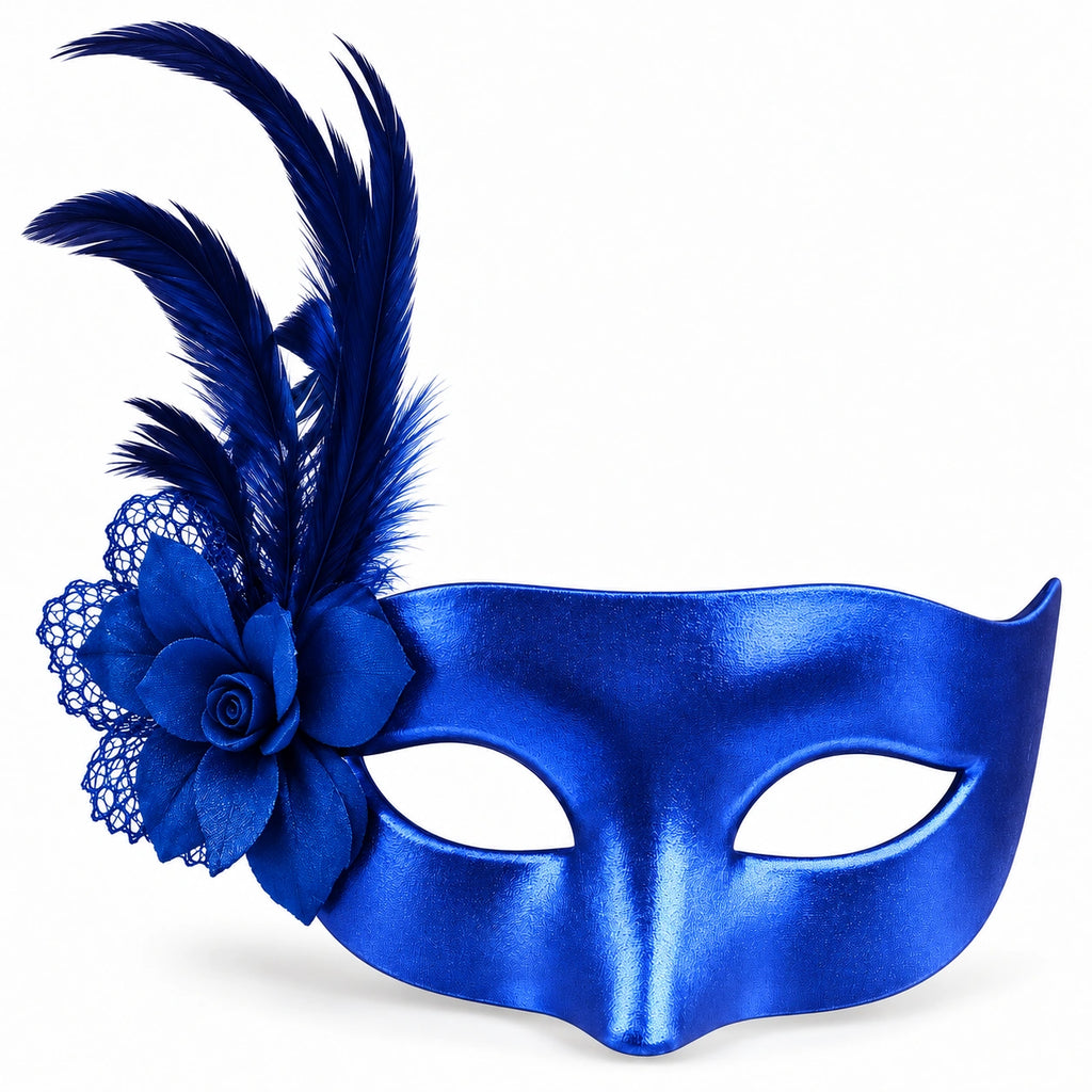 Solid Metallic Flower & Feather Masquerade Mask