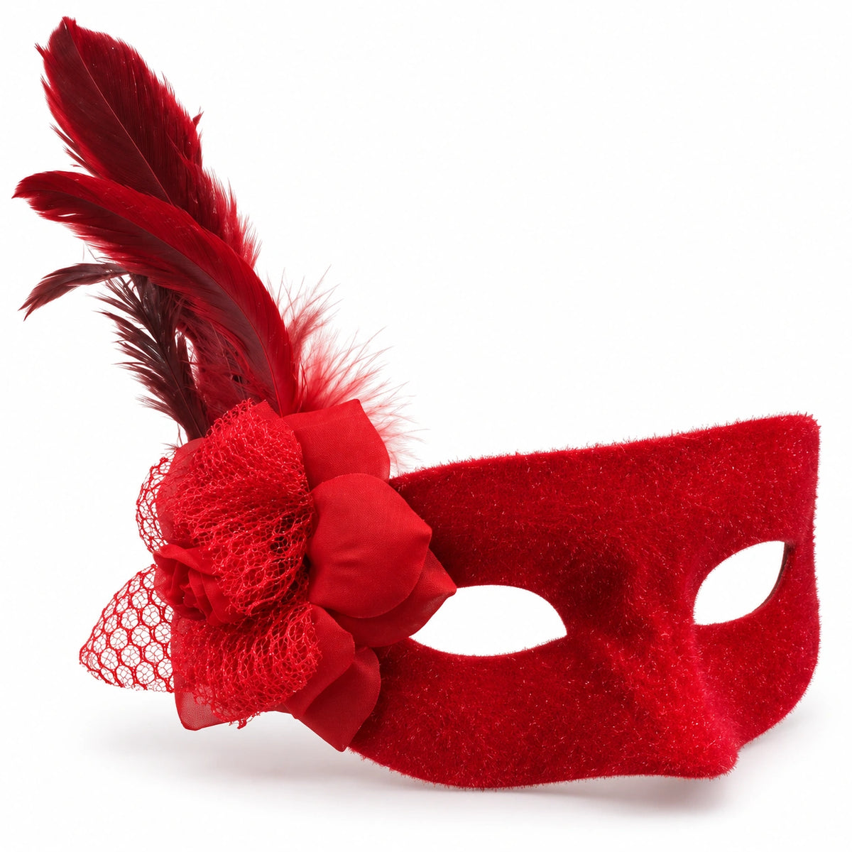Velour Flower & Feather Masquerade Mask