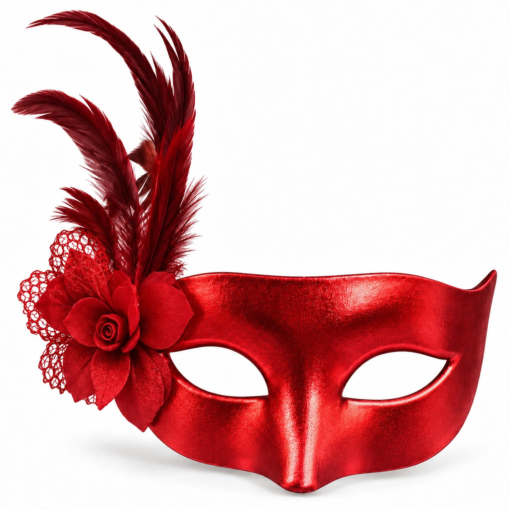 Solid Metallic Flower & Feather Masquerade Mask