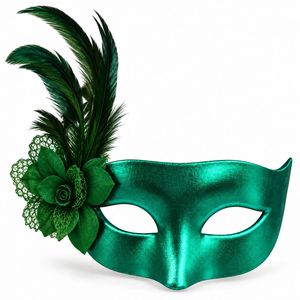 Solid Metallic Flower & Feather Masquerade Mask