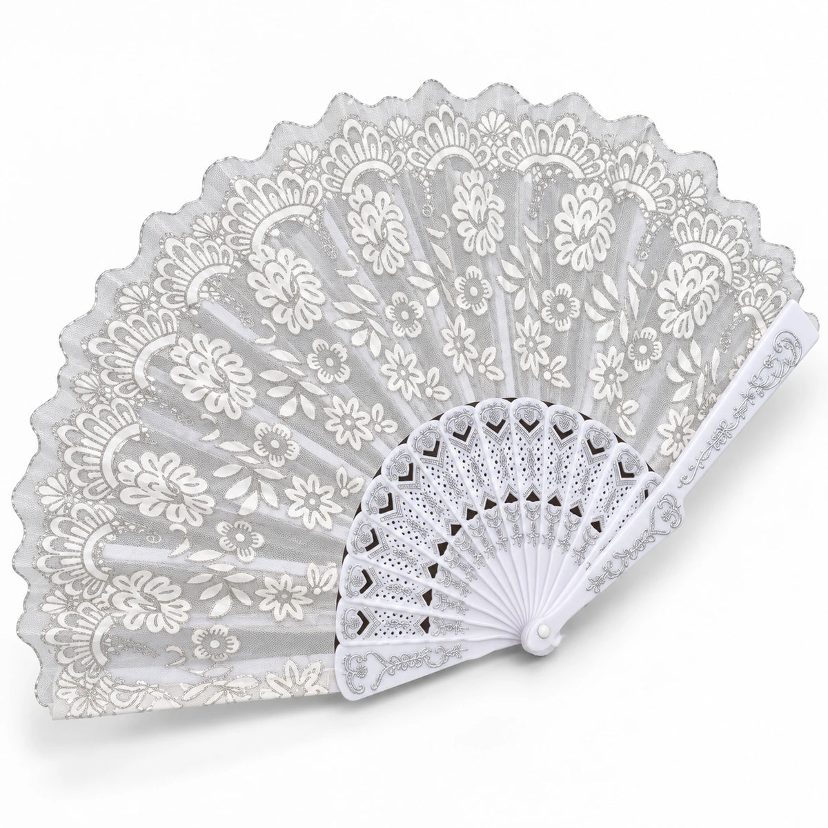 White & Silver Floral Lace Folding Fan
