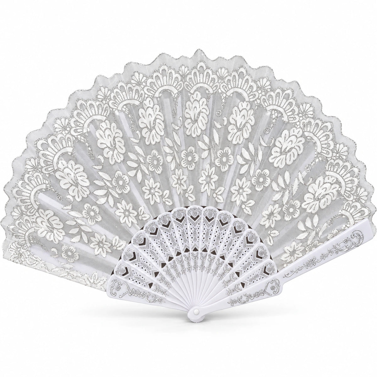 White & Silver Floral Lace Folding Fan