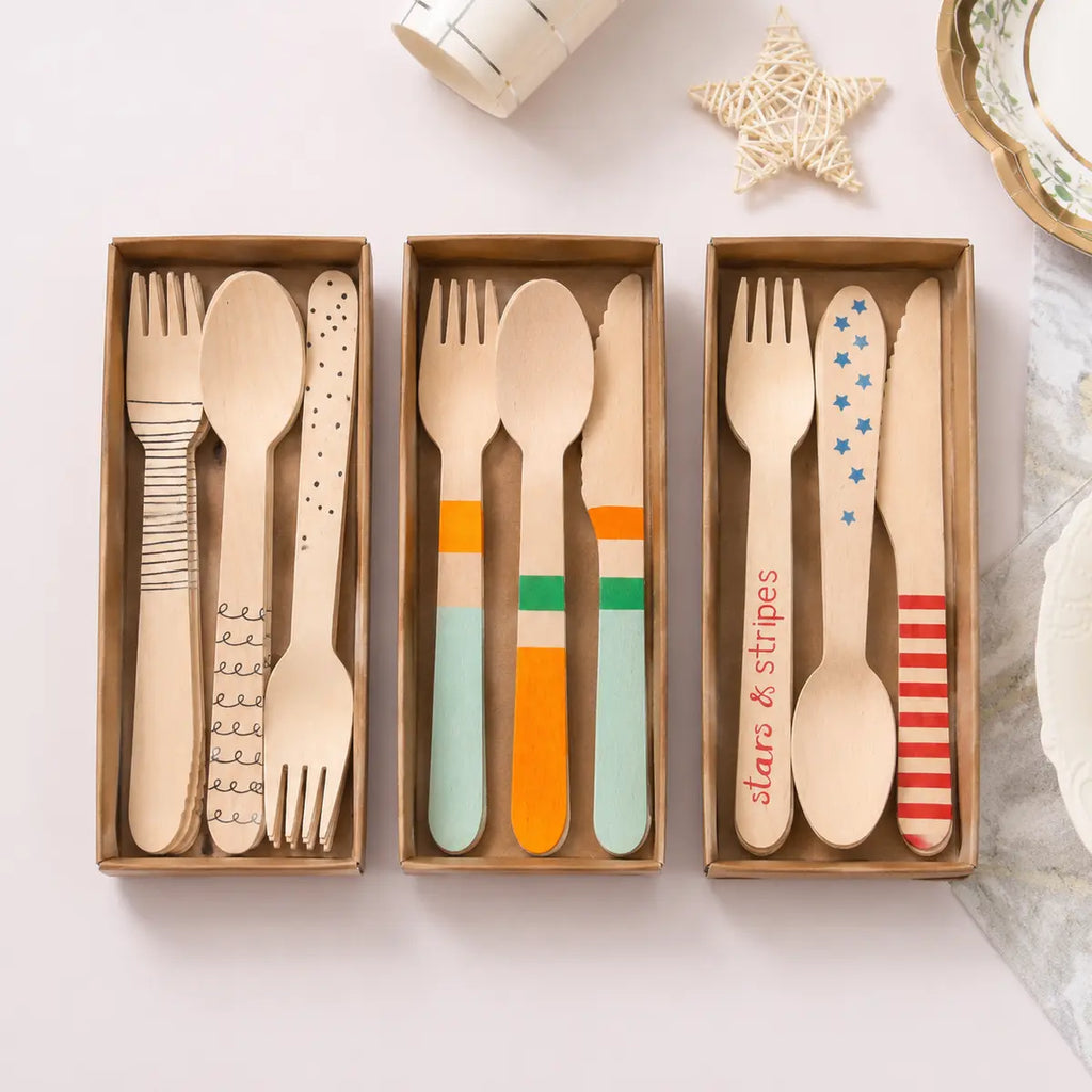 Patterned Wooden Cutlery Set – 24 Pieces