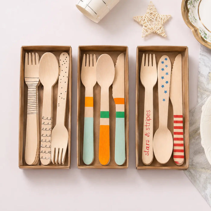 Patterned Wooden Cutlery Set – 24 Pieces