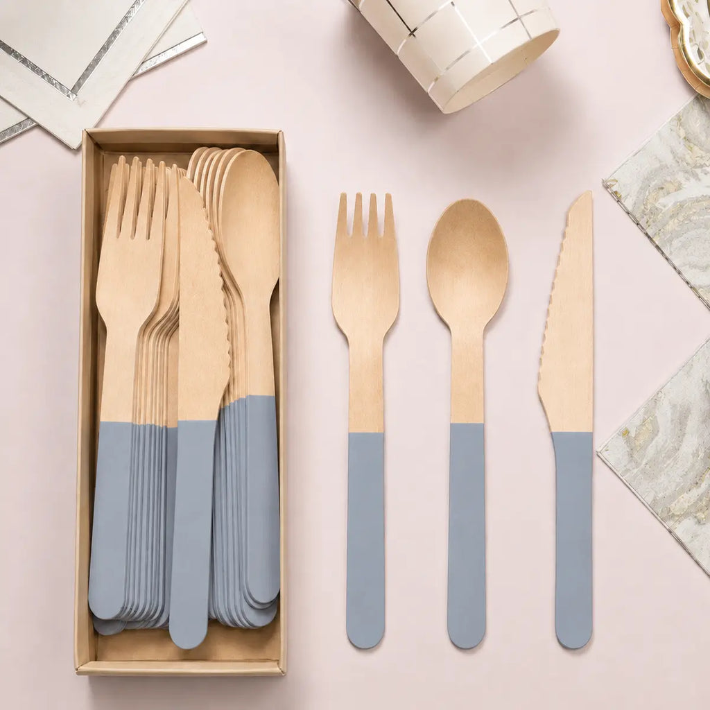 Solid Color Wooden Cutlery Set – 24 Pieces