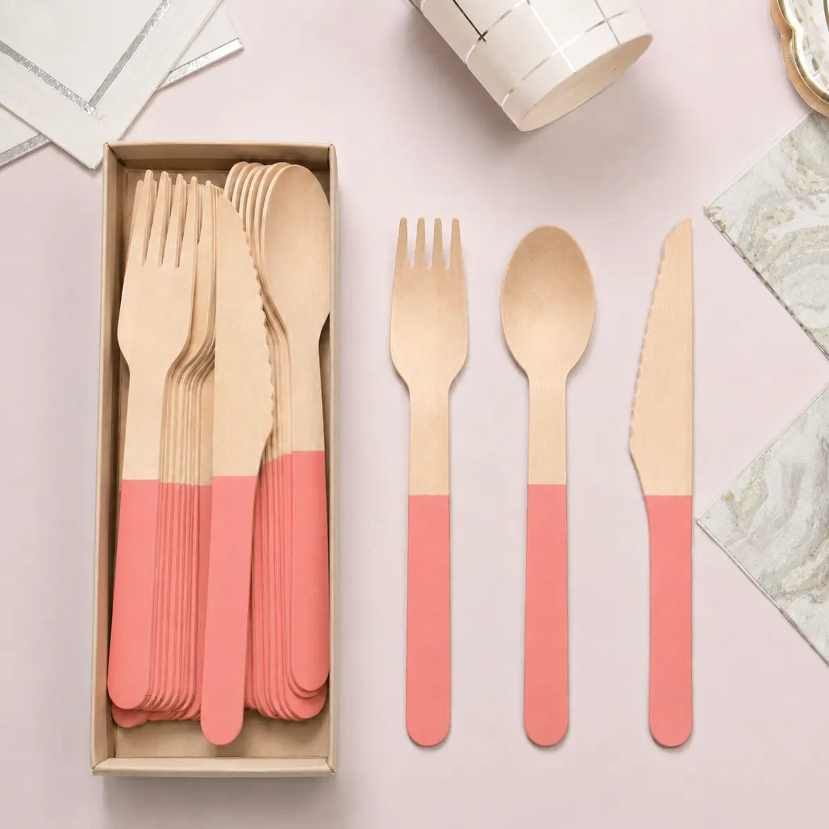 Solid Color Wooden Cutlery Set – 24 Pieces