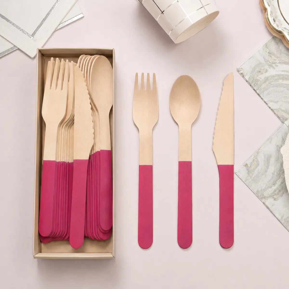 Solid Color Wooden Cutlery Set – 24 Pieces