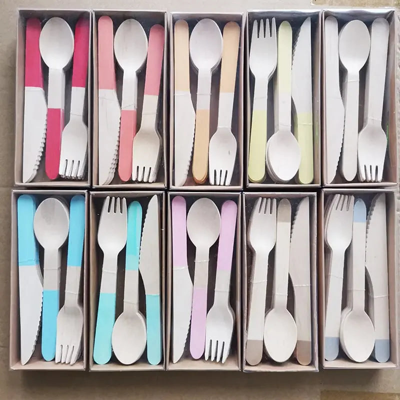 Solid Color Wooden Cutlery Set – 24 Pieces