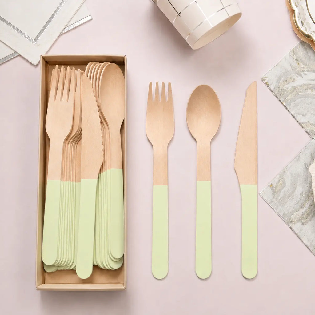 Solid Color Wooden Cutlery Set – 24 Pieces
