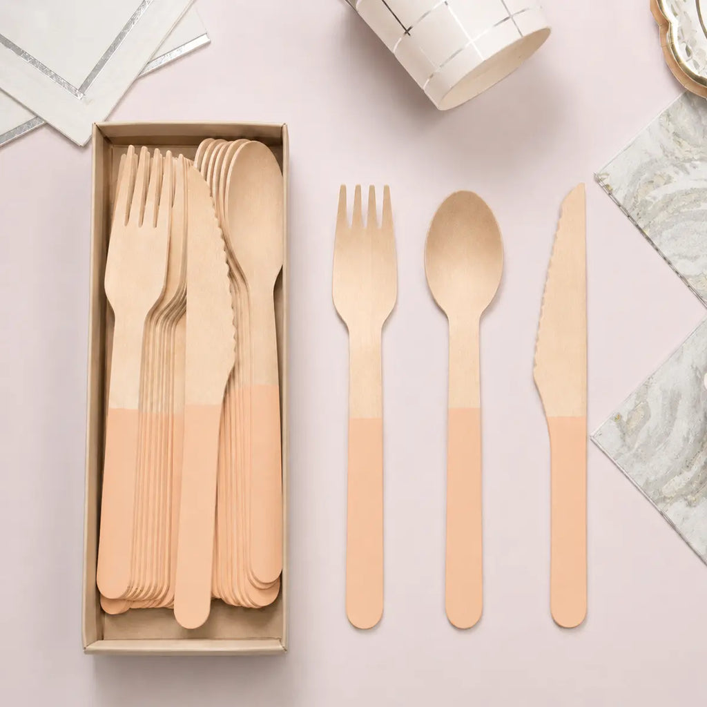 Solid Color Wooden Cutlery Set – 24 Pieces