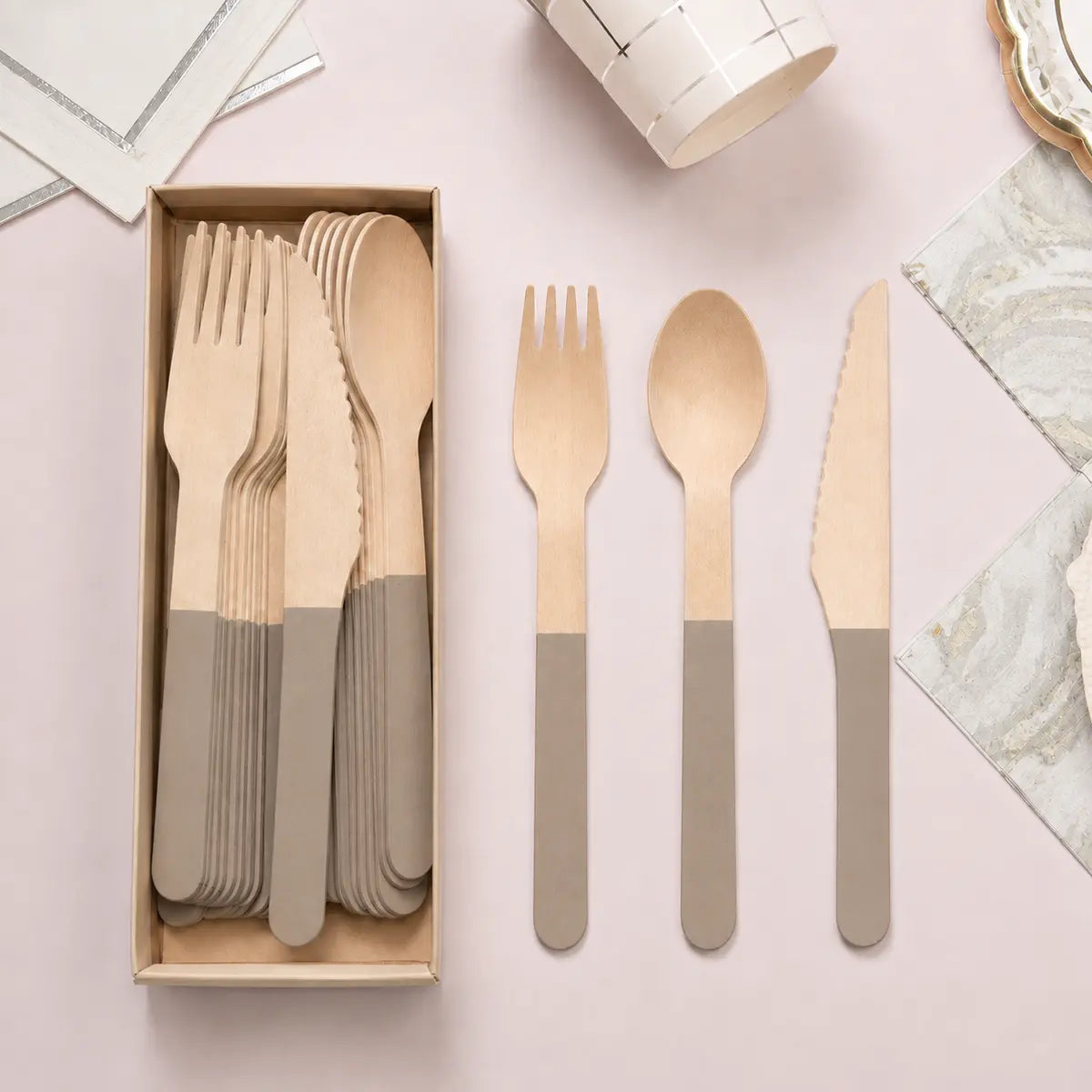 Solid Color Wooden Cutlery Set – 24 Pieces