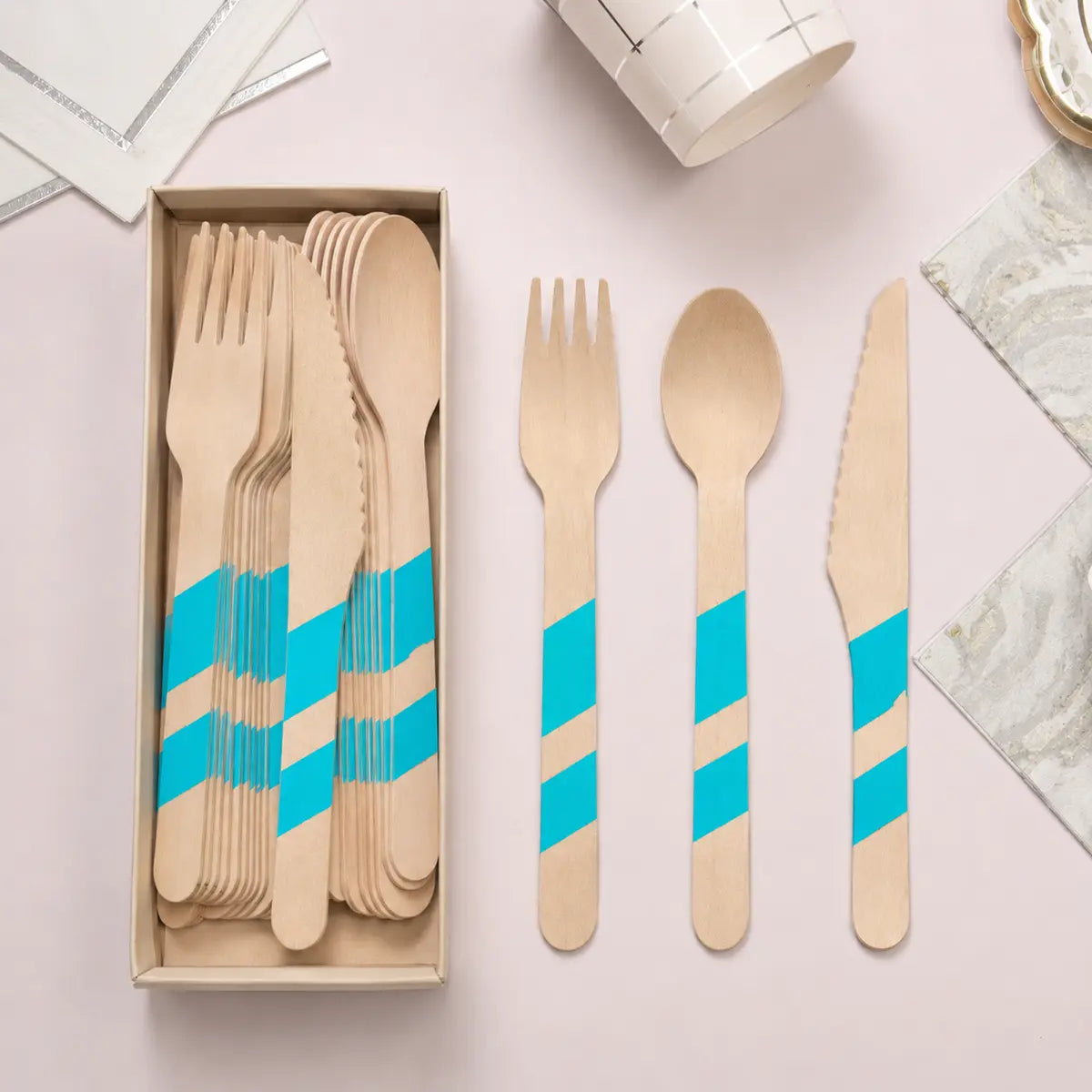 Striped Wooden Cutlery Set - 24 Pieces