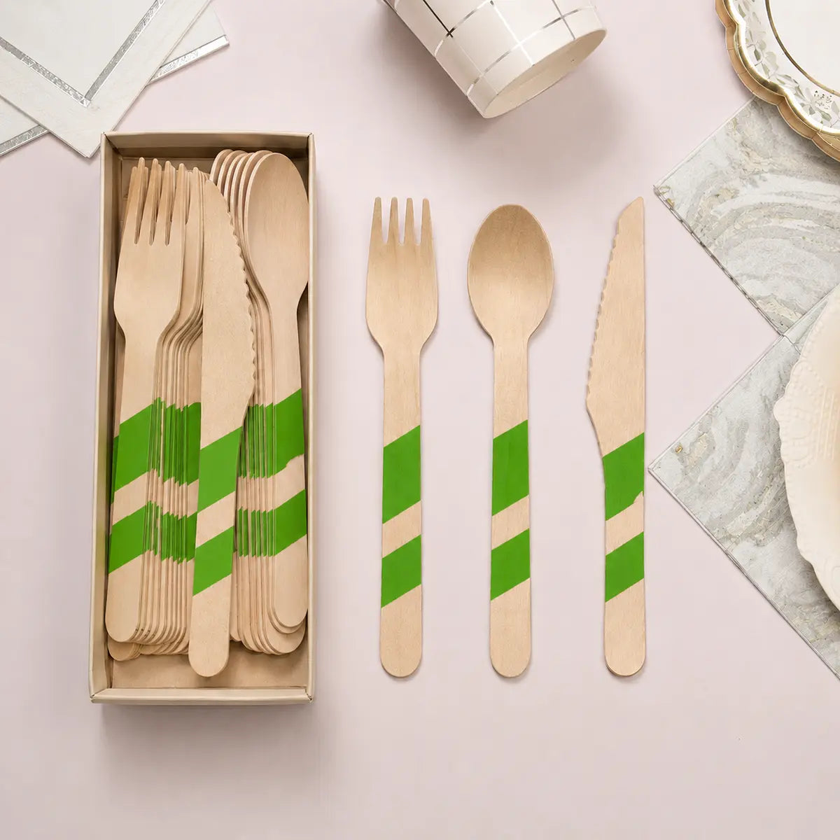 Striped Wooden Cutlery Set - 24 Pieces