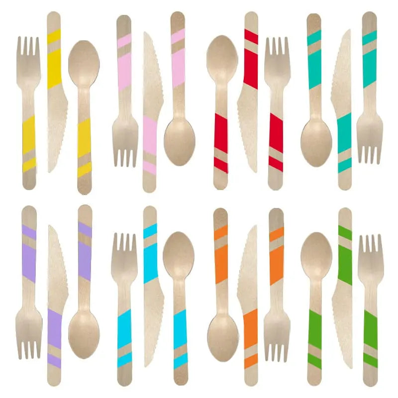 Striped Wooden Cutlery Set - 24 Pieces