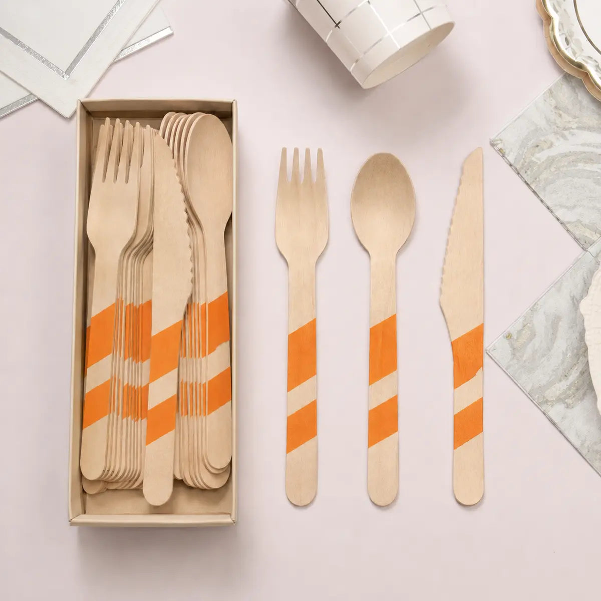 Striped Wooden Cutlery Set - 24 Pieces