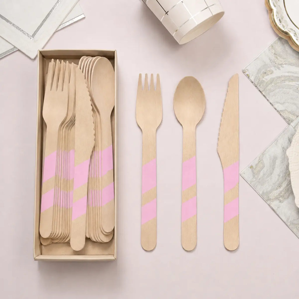 Striped Wooden Cutlery Set - 24 Pieces