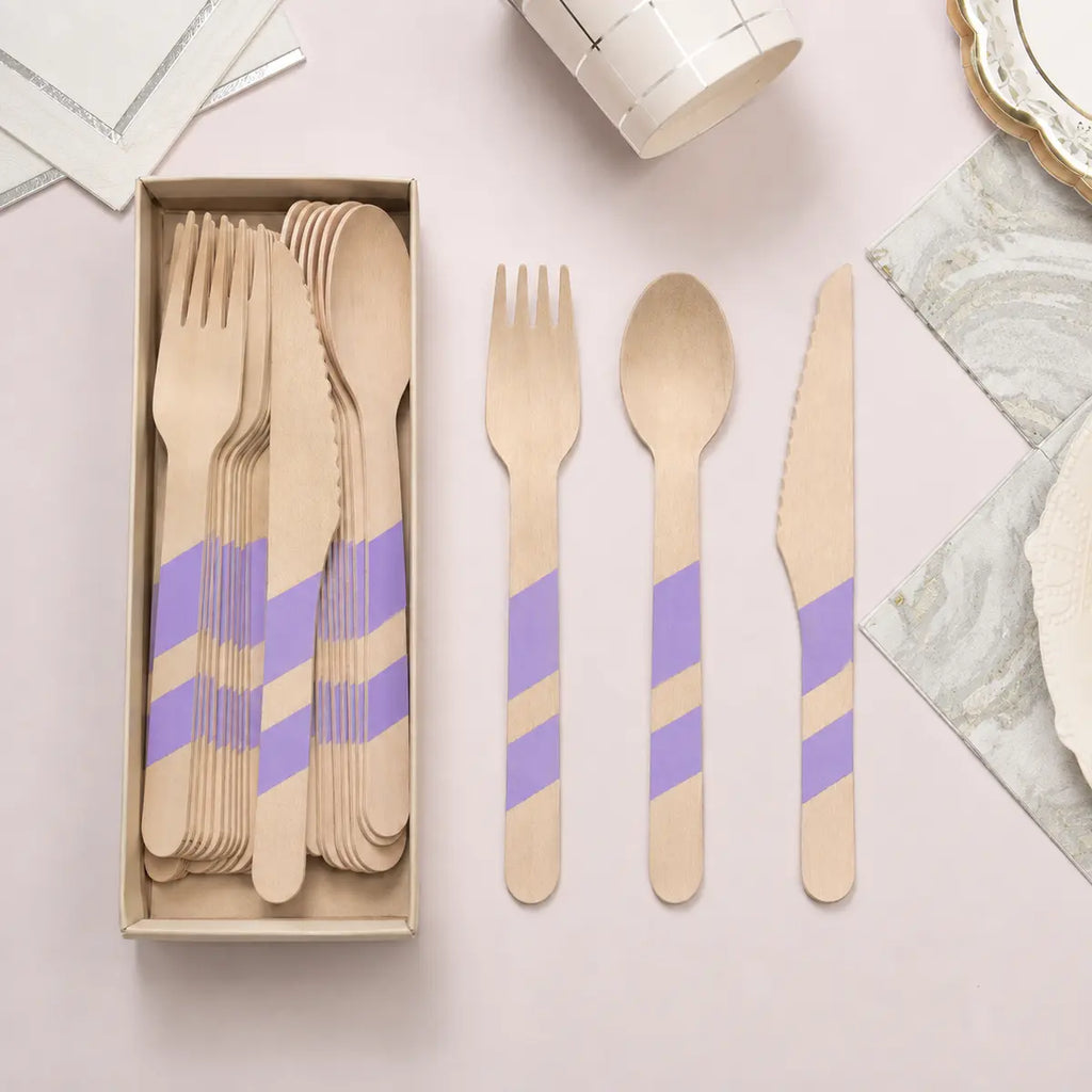 Striped Wooden Cutlery Set - 24 Pieces