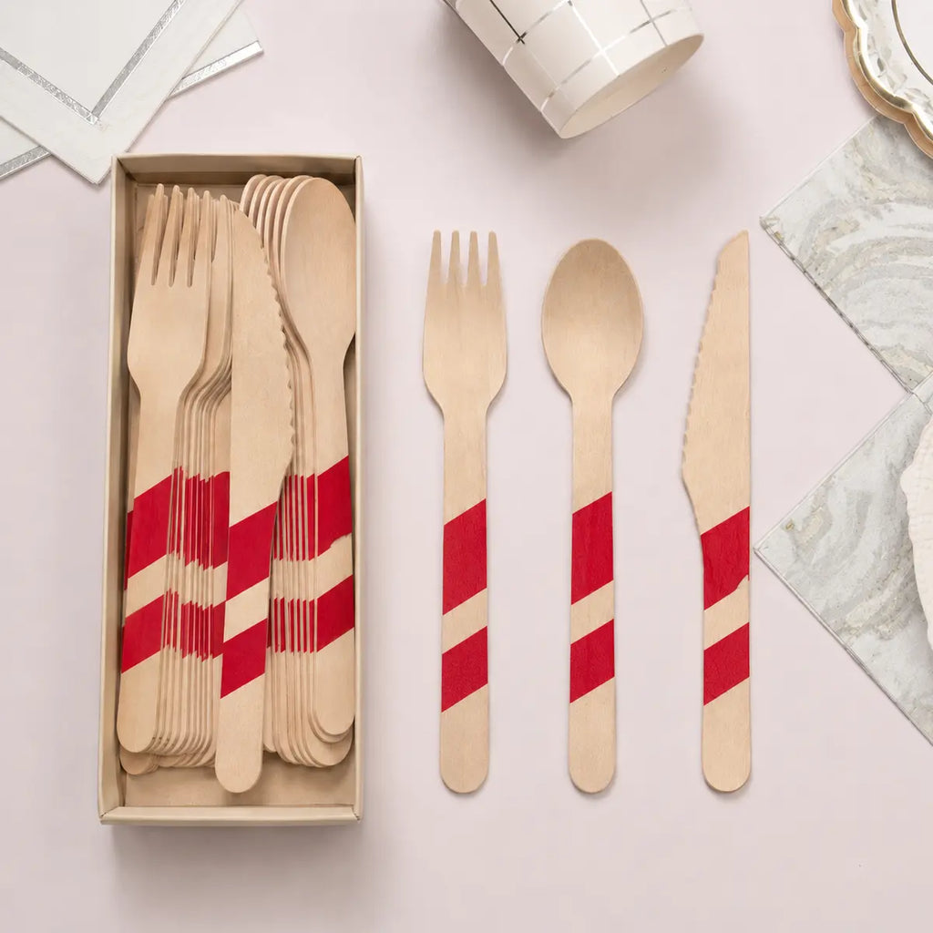 Striped Wooden Cutlery Set - 24 Pieces