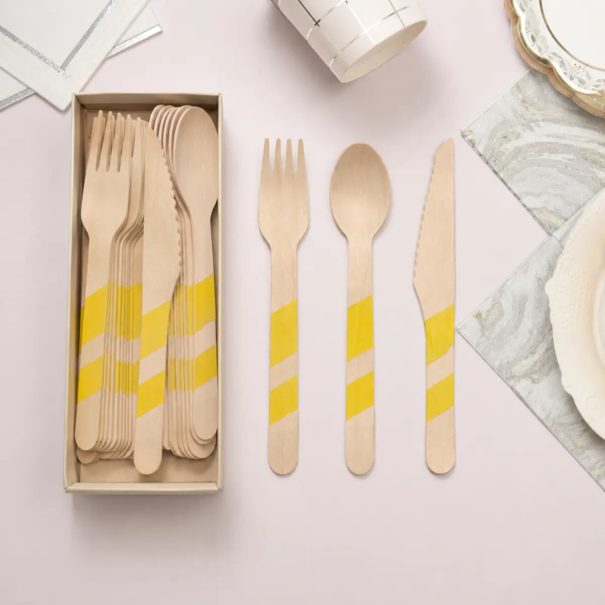 Striped Wooden Cutlery Set - 24 Pieces