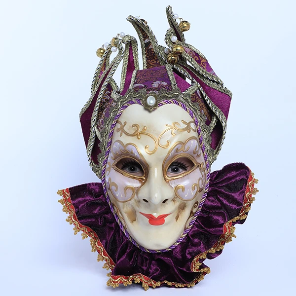 Full Face White & Purple Carnival Jester Masquerade Mask with top Design and neck