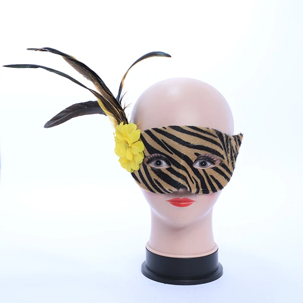 Zebra Black & Gold Mask with side Feather and Rose