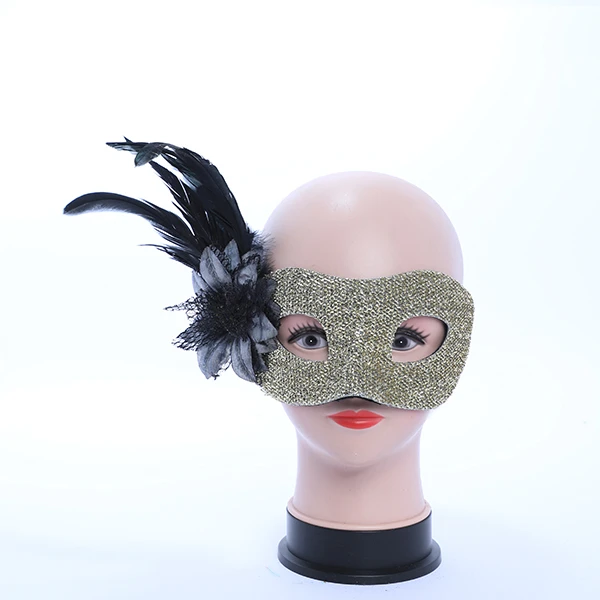 Hard Gold Gluittered Mask with side Feather and Rose