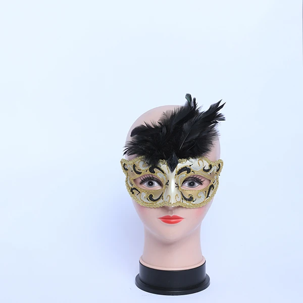 Black & Gold Carnival Jester Masquerade Mask with Middle Short Feather