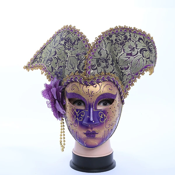 Full Face Purple & Gold Carnival Jester Masquerade Mask with Top and Side Rose