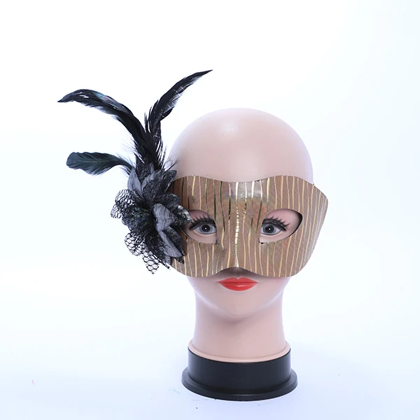 Shiny Gold Designed Leather Mask with side Feather and Rose