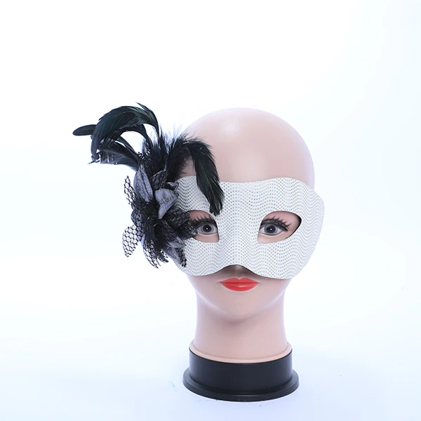 Pointed White Leather Mask with side Feayher and Rose