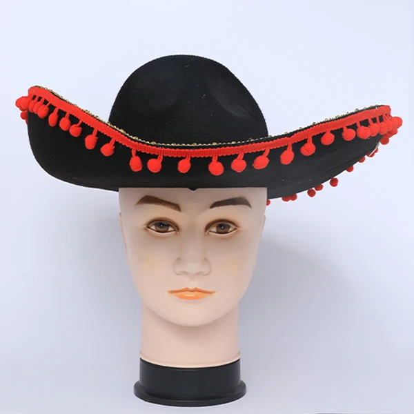 Big Festival Black Mexican Party Hat with Red Pompom