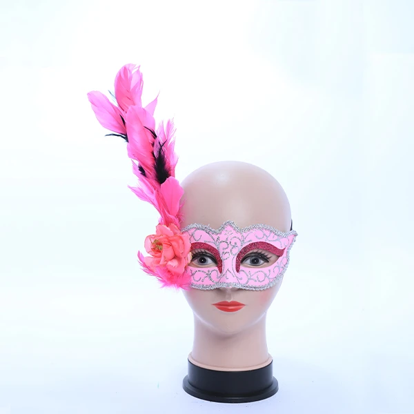 Pink & Gluittered Silver Masquerade Mask with Side Feather